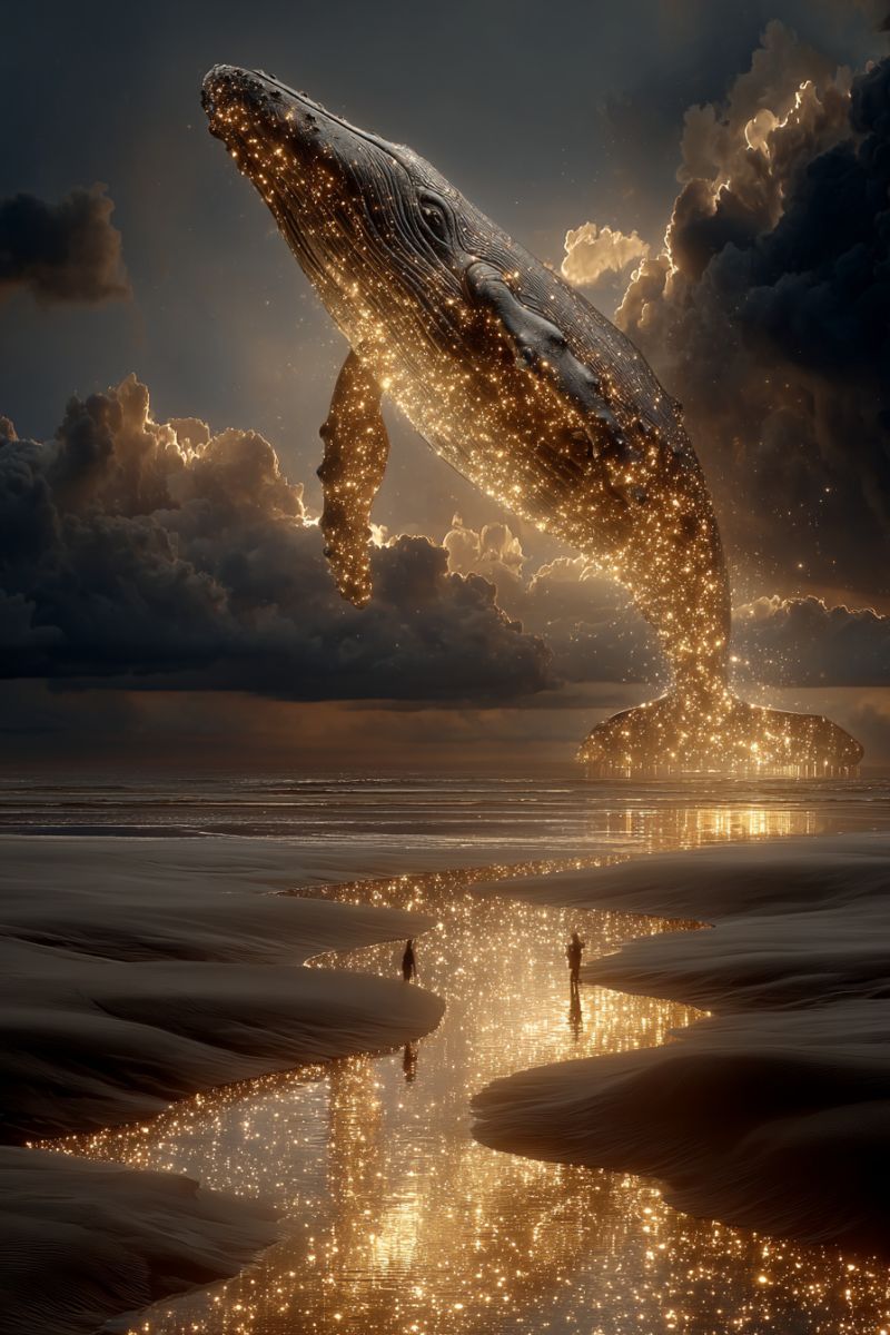 Whale ocean night sky clouds water reflection beach sea dark sand waves horizon creature nature wildlife A large humpback whale is leaping out of the water, its body covered in sparkling lights. The whale's mouth is open, and it appears to be in a moment of grace and beauty. The sky is dark, with clouds illuminated by the whale's light. On the beach, two people are standing, their reflections visible in the water. The water is calm, with small ripples and sparkling lights reflecting the whale's glow.