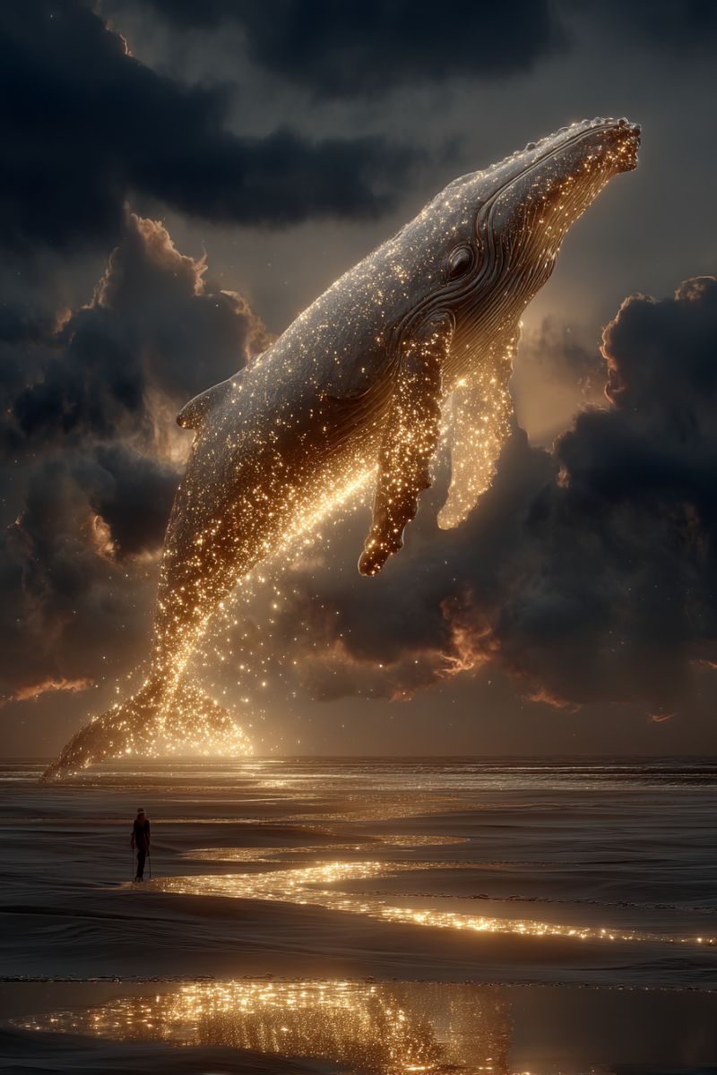 Baleine saut plage nuit nuages etincelles reflexion ocean eau lueur dramatique fantaisie imagination inspiration creativite Une grande baleine à bosse jaillit de l'eau, son corps scintillant d'une lumière dorée. La bouche de la baleine est ouverte et sa queue est levée haut, créant une silhouette dramatique contre le ciel sombre et nuageux. La scène se déroule sur une plage, l'eau reflétant la lumière dorée de la baleine. Au premier plan, une personne se tient sur la plage, observant la baleine avec un sentiment d'émerveillement. La plage est large et sablonneuse, l'eau léchant doucement le rivage. Le ciel est sombre et nuageux, avec des lueurs de lumière perçant les nuages.