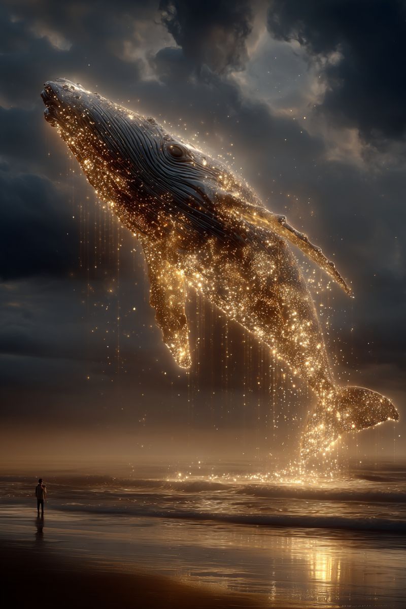 Whale ocean night sky clouds water splash dark beach waves sea creature nature wildlife fantasy imagination A large humpback whale is leaping out of the water, its body shimmering with golden light. The whale's head is facing upwards, and its tail is flicking water into the air. The scene is set on a beach at dusk, with the sky above dark and cloudy. A person stands on the beach, watching the whale with a sense of awe. The water is calm, and the sand is wet. The overall mood is one of wonder and magic.