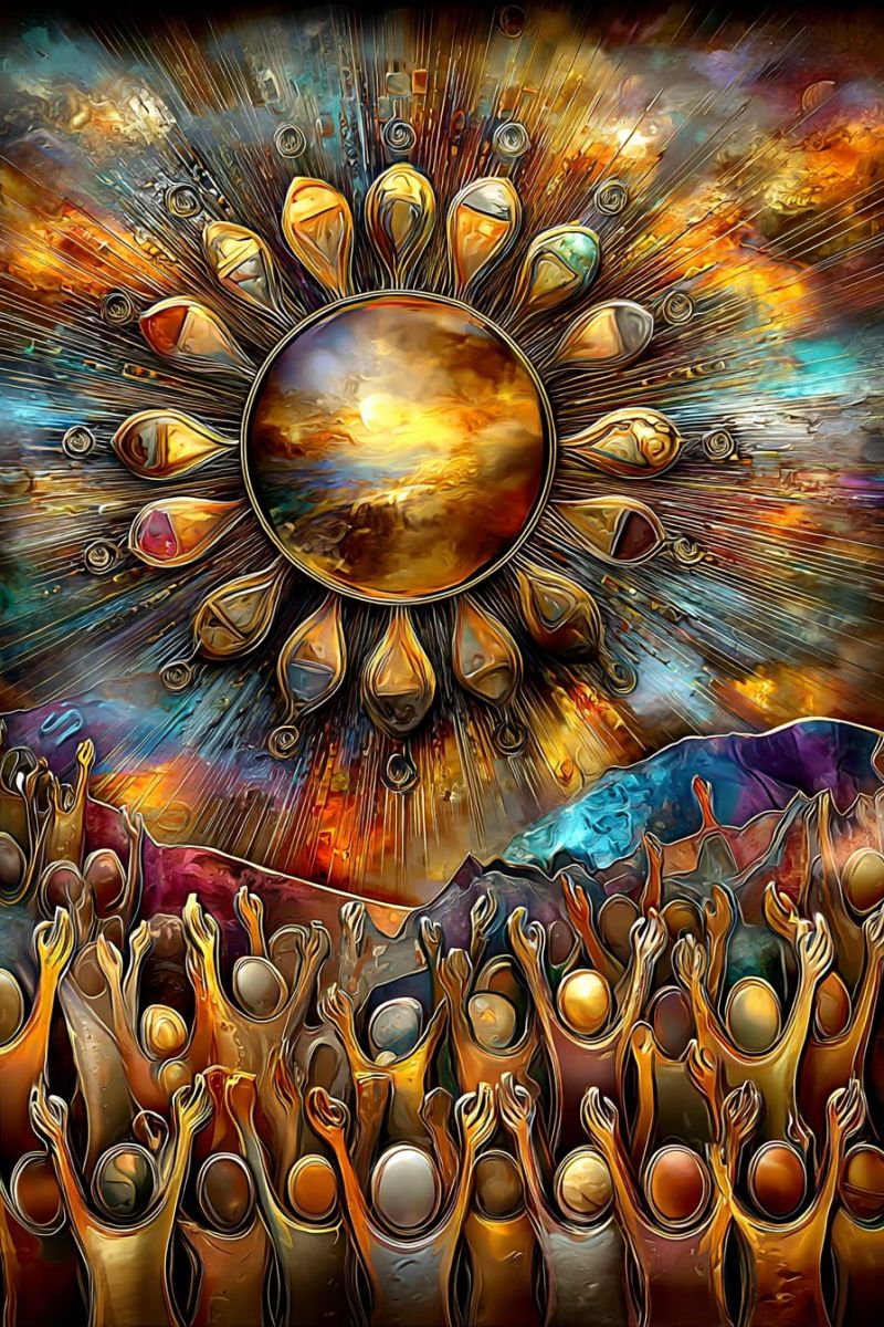 Lumineux concept contemporain design energie expression fantaisie geometrique eclat dore moderne Scène vibrante et abstraite avec une grande figure centrale semblable au soleil entourée de formes dorées en pétales rayonnant vers l'extérieur. Le soleil est multicolore, avec des teintes d'orange, de jaune et de bleu, et semble briller d'une lumière chaude et dorée. Sous le soleil, une foule de personnes est représentée dans une pose dynamique, les bras levés en un geste de célébration ou d'adoration. Les personnes sont stylisées avec des formes dorées et fluides, et leurs visages ne sont pas clairement définis, ajoutant à la nature abstraite de l'oeuvre. Le fond est un mélange de bleus profonds, de violets et d'oranges, créant un sentiment de profondeur et de mouvement. La composition globale est riche en couleurs et en textures, avec un sentiment d'énergie et d'unité parmi les figures.