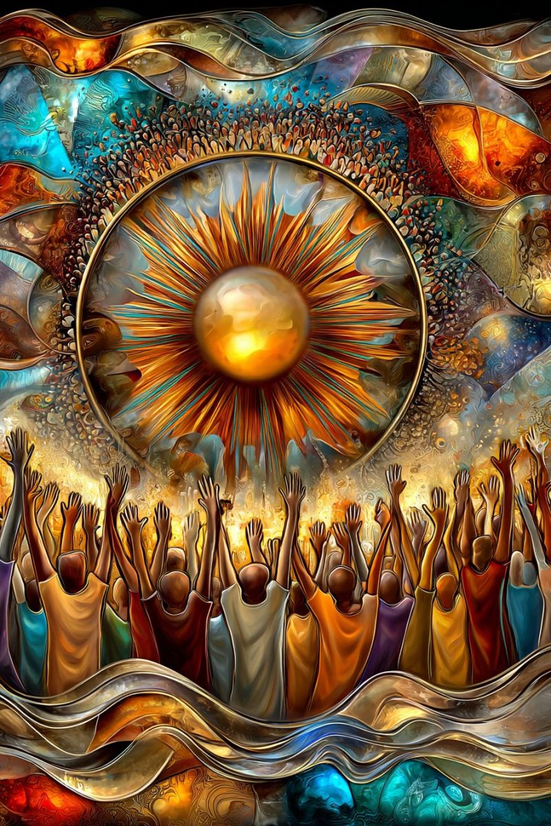 Bright celebration colorful community contemporary creativity culture design diverse expression A vibrant, abstract painting features a large, radiant sun at the center, surrounded by a circular pattern of golden rays. The sun is depicted with a glowing yellow core and a fiery orange outer ring. Below the sun, a group of people are gathered, raising their hands in a gesture of worship or celebration. The people are dressed in a variety of colorful garments, each person's attire reflecting different shades of blue, green, yellow, and orange. The background is a complex, multicolored mosaic of shapes and patterns, with hues of blue, green, orange, and gold blending seamlessly. The overall composition is dynamic and energetic, with a sense of movement and unity among the figures.