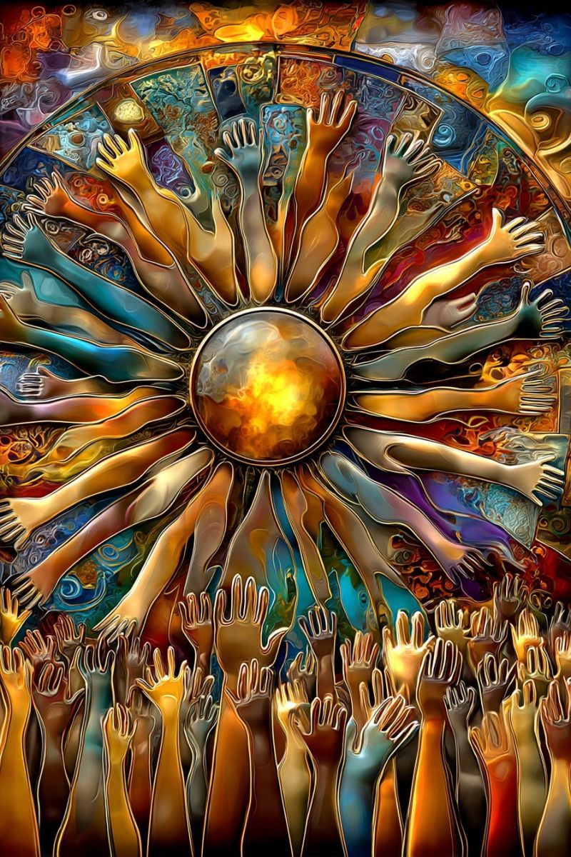 Concept contemporain creativite expression fusion geometrique imagination moderne pop texture culture Design abstrait vibrant centré autour d'un motif circulaire. Le cercle est composé de plusieurs couches de mains, chaque main peinte dans diverses nuances d'or, bleu, violet et orange. Les mains sont disposées en un motif circulaire, certaines mains s'élevant vers le haut et d'autres pointant vers le bas, créant une composition dynamique et énergique. La partie centrale du cercle est une grande sphère lumineuse, représentant peut-être le soleil ou une source centrale d'énergie. Le fond est un mélange de motifs tourbillonnants et de formes abstraites dans des couleurs complémentaires, renforçant l'ambiance vibrante et dynamique de l'oeuvre.