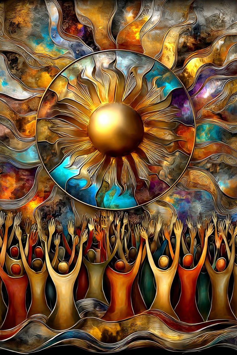 Circle colorful community concept contemporary creativity design expression geometric group modern large, central golden sun with rays extending outward, surrounded by a circular pattern of blue, yellow, and orange hues. Above the sun, there are abstract, flowing lines in shades of blue, yellow, and purple. Below the sun, a group of people are depicted with their arms raised, as if in a moment of celebration or worship. The people are stylized with a mix of orange, yellow, and green colors, and their forms are somewhat abstract, blending into the background. The overall composition is vibrant and dynamic, with a sense of movement and energy.