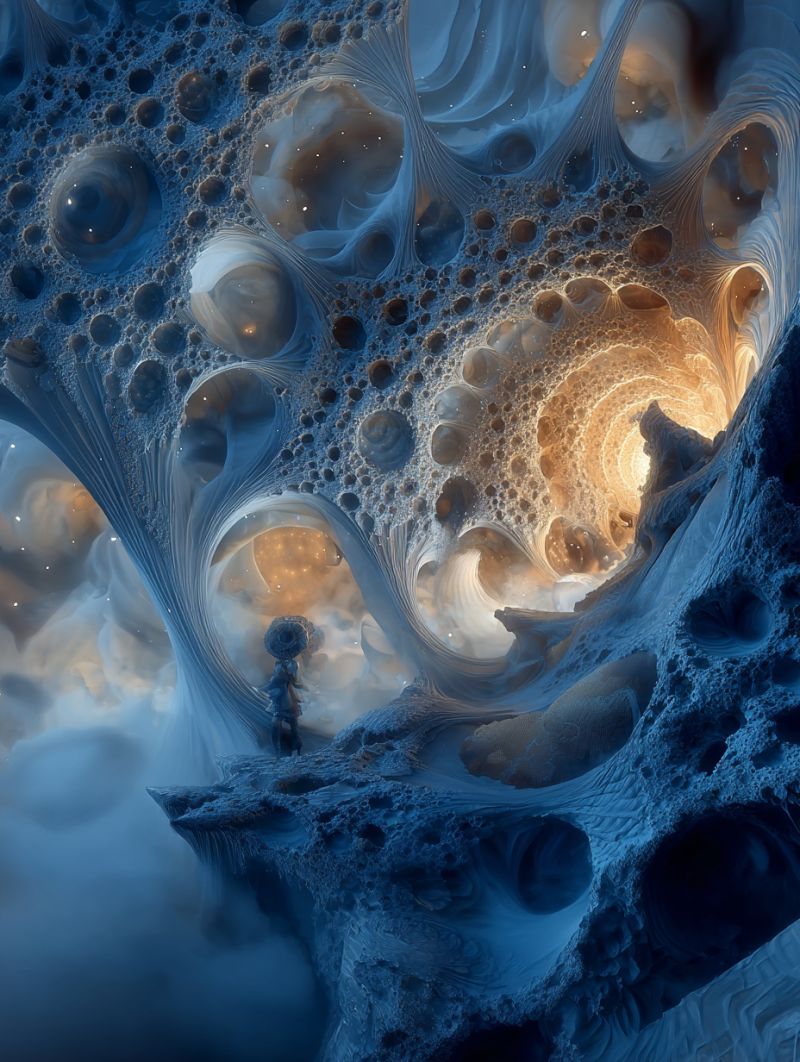 Bubbles cave clouds colorful concept design fantasy fractal fractals imagination pattern In the center of the image, a small figure stands on a rocky outcrop, holding an umbrella. The figure is surrounded by a vast, intricate landscape of swirling, bubble-like structures in shades of blue, white, and gold. These structures form a maze-like pattern, with some bubbles appearing to float in the air while others are embedded in the rocky terrain. The background is a deep blue, with hints of white and gold, creating a sense of depth and mystery. The overall effect is surreal and dreamlike, with a sense of movement and fluidity in the swirling patterns.