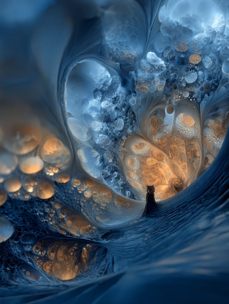 Bubbles colorful complex concept creativity design fantasy fractal geometric glow imagination modern pattern texture water surreal, abstract landscape dominated by shades of blue and gold. In the foreground, there are numerous irregular, bubble-like shapes in varying sizes, some with a translucent quality, creating a sense of depth and movement. These bubbles are interspersed with golden, wavy lines that add a sense of fluidity and warmth to the cooler blue tones. In the background, there is a large, central, swirling form mix of blue and gold, suggesting a dynamic, possibly organic, structure. The overall composition gives the impression of being inside a vast, intricate, and possibly otherworldly environment.