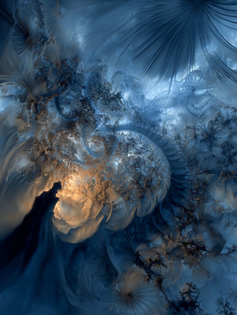 Blue complex design flower fractal geometric glow golden pattern petal shape space texture complex, abstract design dominated by shades of blue and white. In the center, there is a large, circular form flower or a shell, with intricate, fractal-like patterns radiating outward. The background is filled with a variety of shapes, including what seem to be leaves and petals, all rendered in a soft, ethereal style. The overall effect is one of depth and movement, with the central form appearing to float amidst a sea of swirling, delicate shapes. The color palette is predominantly cool, with hints of gold and brown adding contrast and depth.