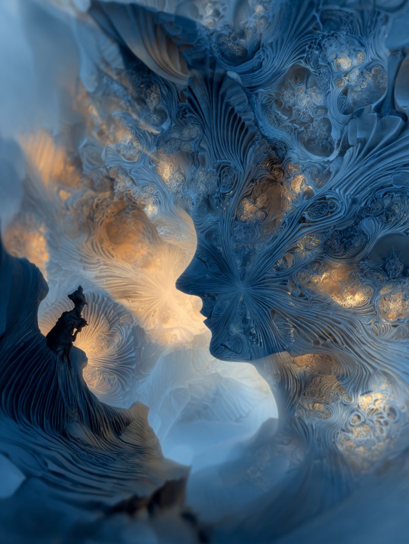 Blue concept design fantasy fractal geometric glow glowing golden pattern shadow texture surreal and intricate scene dominated by a large, abstract face. The face is composed of swirling, intricate patterns that resemble a blend of organic and geometric shapes. The face is predominantly blue with hints of gold and white, creating a shimmering effect. The background is a mix of soft blues and whites, with delicate, lace-like patterns that add depth and texture. In the foreground, there is a small, dark figure that appears to be standing or sitting, adding a sense of scale and mystery to the scene. The overall mood is ethereal and dreamlike, with a focus on intricate details and a sense of otherworldly beauty.