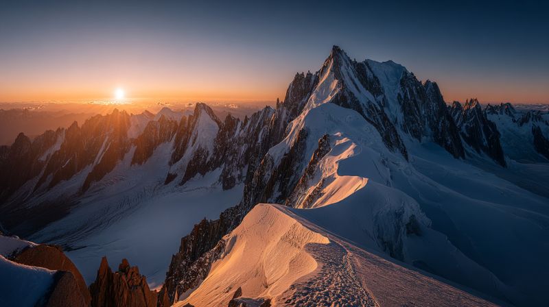 Mountains sunset snow sky rock peak glacier valley horizon sun shadow clouds nature outdoors adventure travel scenery The image captures a breathtaking sunset over a vast, snow-covered mountain range. The sun, positioned low on the horizon, casts a warm, golden light across the peaks, highlighting the rugged terrain and the intricate patterns of the snow. The mountains are jagged and steep, with sharp ridges and deep valleys. The sky above is a deep blue, transitioning into the warm hues of the sunset. The foreground shows a narrow, snow-covered path leading up the mountain, with scattered rocks and patches of exposed rock. The overall scene is serene and majestic, showcasing the beauty of nature at its finest.