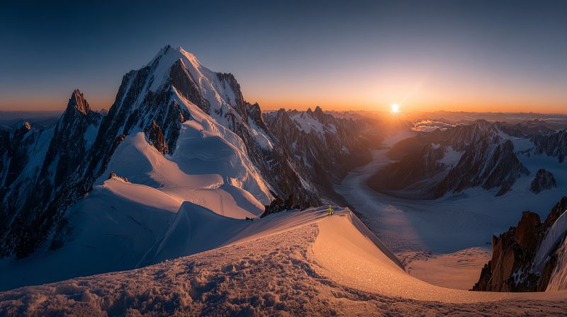 Montagne neige ciel soleil lever horizon sommet glacier aventure escalader grimpeur grimpe expedition exploration air roche enneige vallee L'image capture un coucher de soleil à couper le souffle sur un paysage montagneux. Le soleil se couche à l'horizon, projetant une lumière chaude et dorée sur les sommets et les vallées enneigés. Les montagnes sont escarpées et abruptes, avec des arêtes vives et des crevasses profondes. Au premier plan, un grimpeur est visible, debout sur une crête étroite, en silhouette contre le ciel vibrant. Le ciel est d'un bleu profond, passant à l'orange et au rose près de l'horizon, créant un arrière-plan époustouflant pour le grimpeur et les montagnes. La neige est immaculée et blanche, réfléchissant la lumière du soleil et ajoutant à la beauté sereine de la scène.
