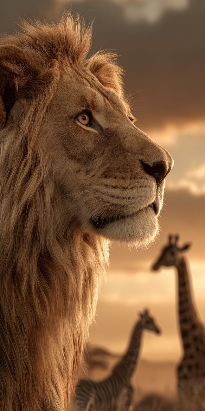 Lion safari vie sauvage animal nature savane conservation Gros plan du visage d'un lion majestueux, avec une crinière dorée et une expression sérieuse. Les yeux du lion sont en forme d'amande et ont une teinte chaude et dorée. L'arrière-plan est flou, montrant un paysage de savane avec une girafe et une zèbre au loin. Le ciel est d'une couleur douce et chaude, indiquant peut-être un coucher ou un lever de soleil. La fourrure du lion est épaisse et brillante, et ses moustaches sont longues et blanches. L'ambiance générale de l'image est celle de la puissance et de la majesté, avec le lion se tenant droit et fier.