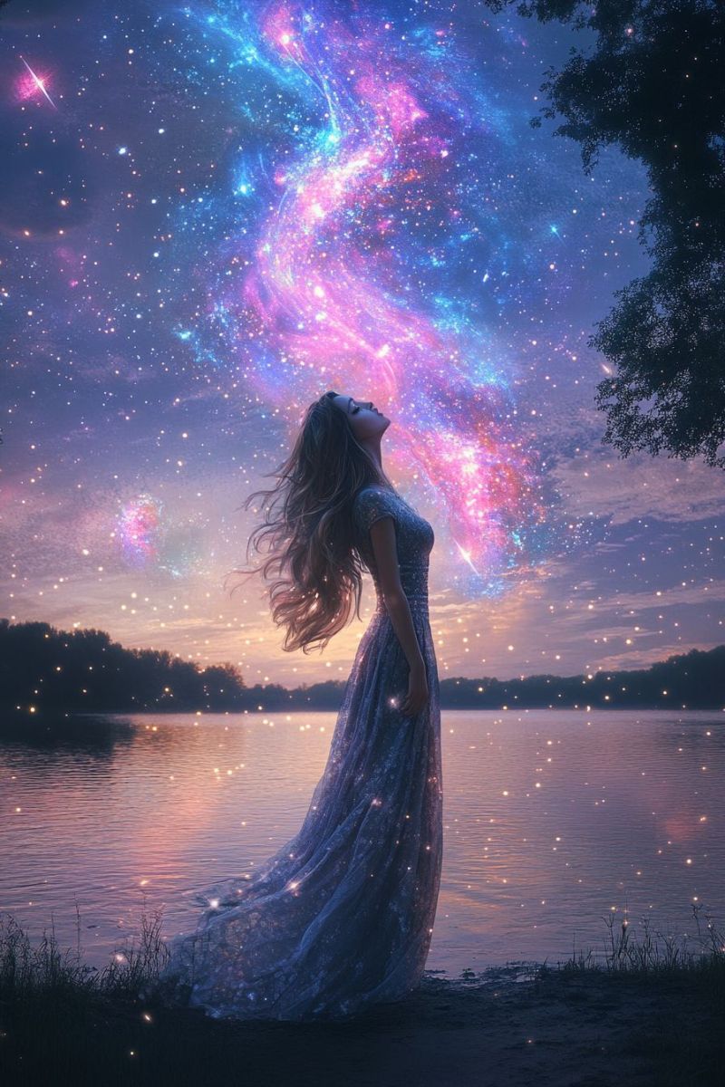 Fantasy girl hair astronomy nebula stargaze surreal dreamy cosmic imagery night sky mystical space themed poster graphic In the image, there is a woman standing on a riverbank at sunset. She has long hair and is dressed in a flowing, white, ethereal dress that appears to be glowing with light. The background features a vibrant galaxy filled with stars and nebulas, creating a dynamic backdrop for her silhouette. Her gaze is directed upward towards the sky, suggesting a sense of wonder or contemplation. She is located on a riverside with trees visible in the distance. The overall scene is serene and mystical, evoking a feeling of connection to the natural world and the universe beyond.