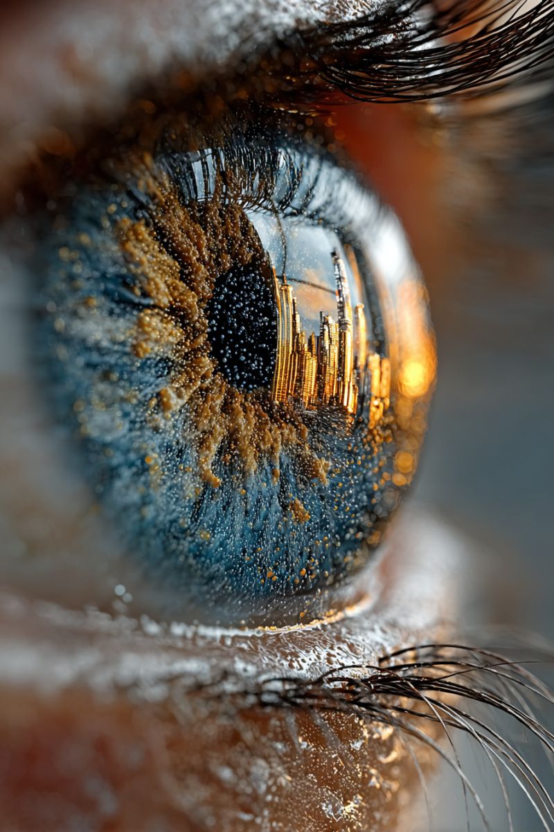 Oeil reflexion urbain architecture gratte ciel moderne batiments verre eau gouttelettes larmes larme Un gros plan d'un oeil humain avec une iris bleue et une pupille brun doré. L'iris a une apparence légèrement texturée avec de minuscules points de lumière qui s'y reflètent. La pupille est entourée d'un anneau de bleu plus foncé, et le reflet dans l'oeil montre une ville avec des bâtiments hauts et une teinte chaude et dorée. Les cils sont longs et sombres, et l'oeil semble légèrement humide, peut-être à cause de larmes ou d'humidité.