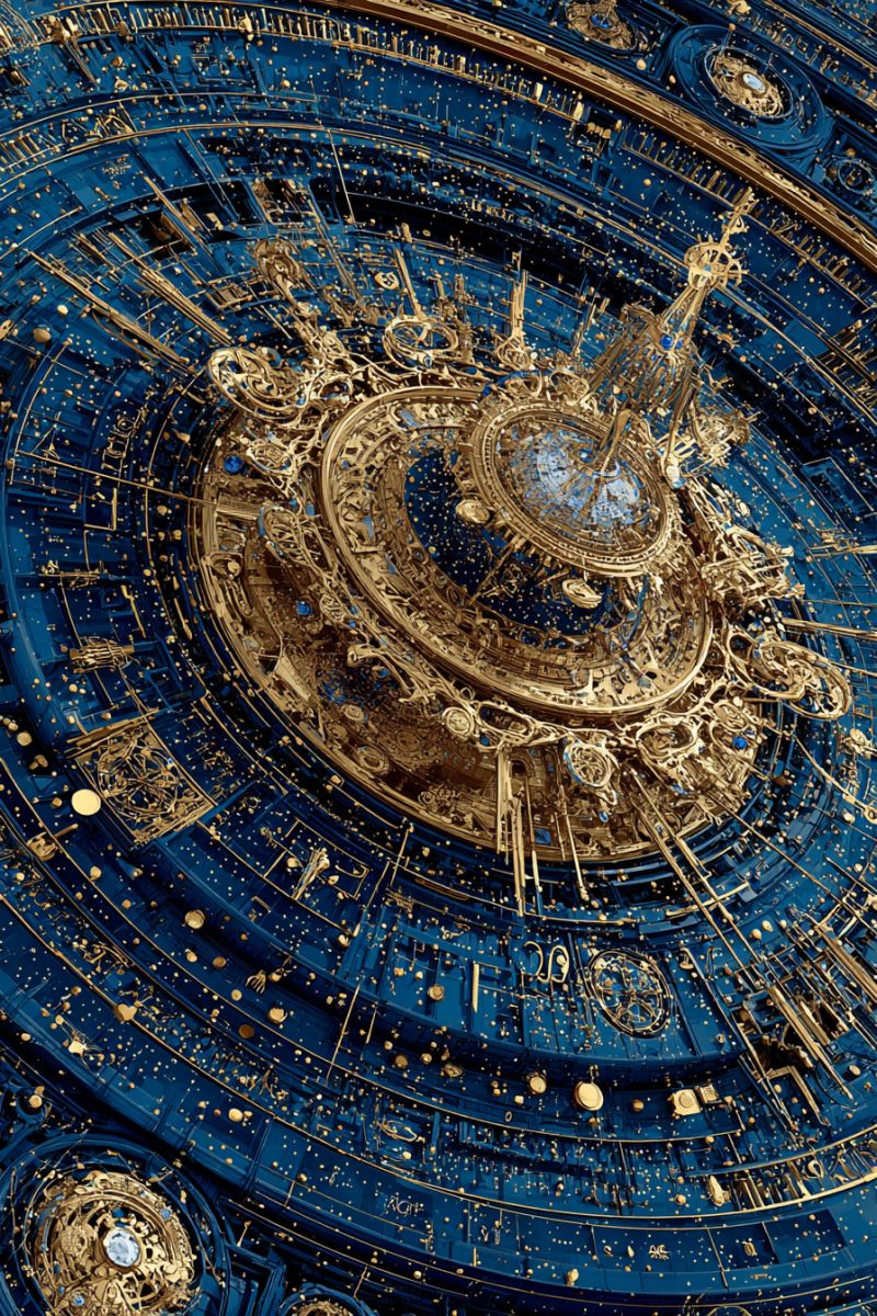 Blue clock complex design gear golden ratio spiral triangle section mean angle number proportion Complexe, design intriqué dominé par des couleurs bleu profond et or. Au centre, il y a une grande structure circulaire à plusieurs couches, ressemblant à une horloge ou un dispositif mécanique. La partie centrale est ornée de rouages dorés, de pignons et de motifs complexes, lui donnant un aspect mécanique, presque futuriste. Autour de cette structure centrale se trouvent de nombreux éléments circulaires plus petits, chacun avec son propre ensemble de rouages et de motifs complexes. Toute la composition est remplie de minuscules points étincelants qui ajoutent un sentiment de profondeur et de texture. L'effet global est celui d'une oeuvre mécanique hautement détaillée, ornée et quelque peu irréelle