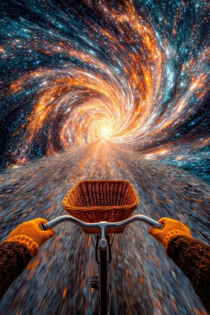 Bicycle basket handlebars road galaxy space stars sun sunlight sunbeam sunrays sunshine A person rides a bicycle through a surreal landscape. The bicycle has a wicker basket in front. The rider wears orange gloves and a brown sweater. The road stretches into a cosmic tunnel filled with swirling galaxies and stars. The tunnel's center glows brightly, illuminating the path ahead. The background features a vibrant mix of blue, orange, and yellow hues, creating a dreamlike atmosphere.
