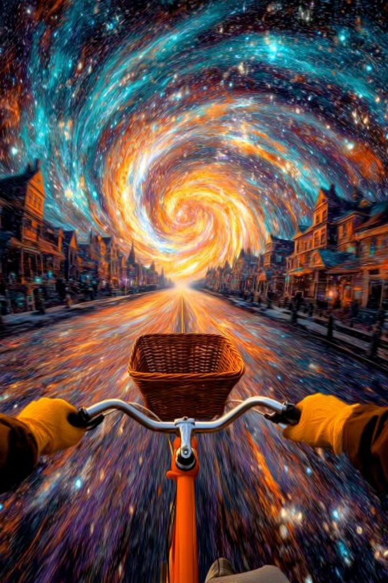 Bicycle panier route ville ciel galaxie nuit etoiles batiments gens rue arbres cloture reverbere voiture montagne eau reflet feu borne fontaine Une personne fait du vélo dans une rue. Le vélo a un panier en osier à l'avant. Le cycliste porte des gants jaunes. La rue est bordée de bâtiments, et le ciel au-dessus est une galaxie tourbillonnante de couleurs, principalement bleu et orange, avec des étoiles et des éléments cosmiques. La route semble bouger, créant un sentiment de vitesse et de mouvement. Les bâtiments sont détaillés avec des fenêtres et des auvents, et la scène est baignée d'une lumière chaude et éclatante.