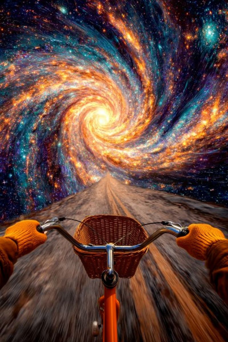 Velo panier route galaxie espace etoiles univers cosmos astronomie exploration aventure voyage vitesse perspective imagination fantaisie Une personne fait du vélo sur une route avec un panier devant. La route s'étend au loin, et le ciel au-dessus est une galaxie vibrante et tourbillonnante remplie d'étoiles et de couleurs cosmiques. La galaxie semble se déplacer, créant un sentiment de mouvement et de profondeur. Le cycliste porte des gants orange et tient fermement les poignées. La scène combine des éléments d'espace et de voyage, suggérant un périple à travers le cosmos.