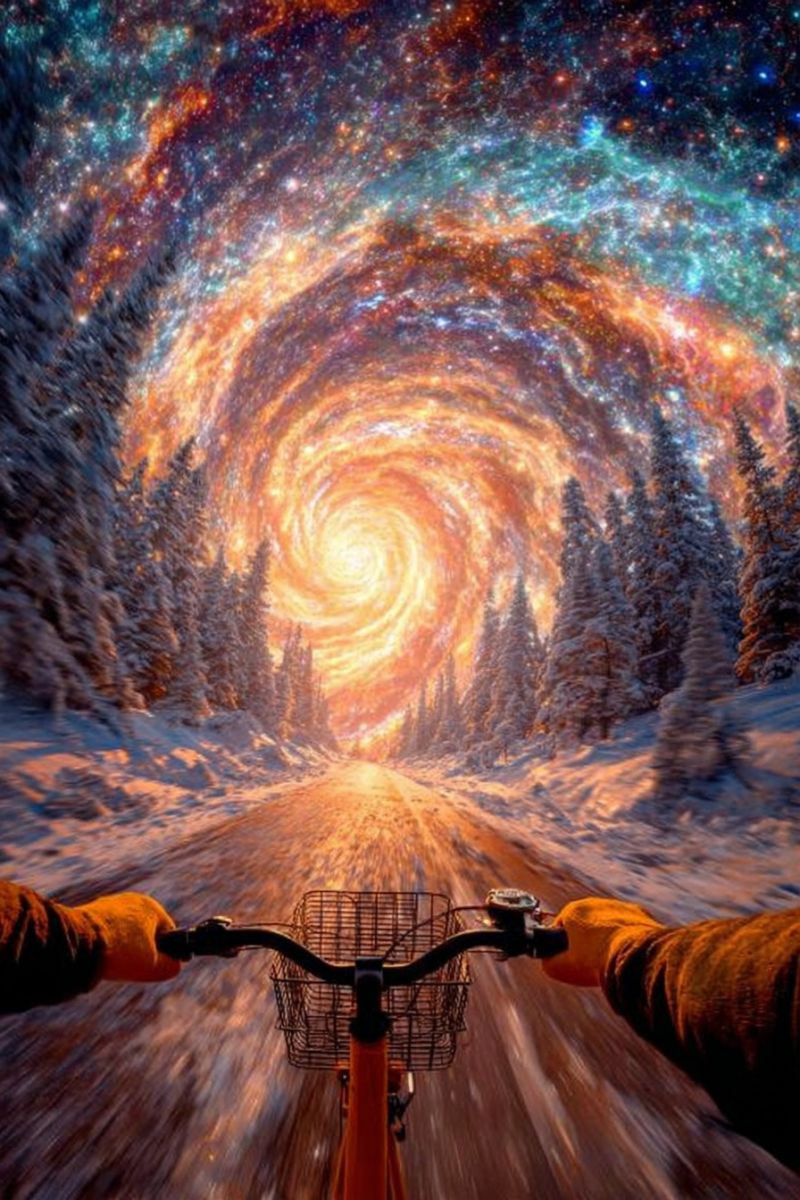 Bicycle road wheel basket handlebar glove snow tree sky galaxy star mountain cloud sun fire smoke dust reflection shadow person riding a bicycle on a snowy road. The road is surrounded by tall, snow-covered pine trees. The sky above is a surreal blend of vibrant colors, resembling a galaxy or nebula with swirling patterns of orange, blue, and purple. The background features a spiral galaxy effect, adding a sense of depth and movement. The rider's hands grip the handlebars, and the bicycle has a basket in front. The overall scene combines elements of winter and cosmic wonder, creating a dreamlike atmosphere.