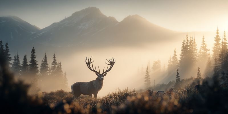 Cerf faune montagne foret nature coucher soleil brume arbres herbe prairie animal air bois horizon brouillard colline ciel Dans un paysage serein et brumeux, un majestueux cerf aux grands bois ramifiés se tient au premier plan. Le cerf est entouré de grands arbres verts étroits, et le sol est recouvert d'herbe sèche et de petits arbustes. En arrière-plan, une chaîne de montagnes est partiellement obscurcie par la brume, avec les rayons du soleil qui percent, projetant une lumière chaude et dorée sur la scène. L'atmosphère générale est tranquille et majestueuse, le cerf apparaissant comme une figure noble dans son habitat naturel.