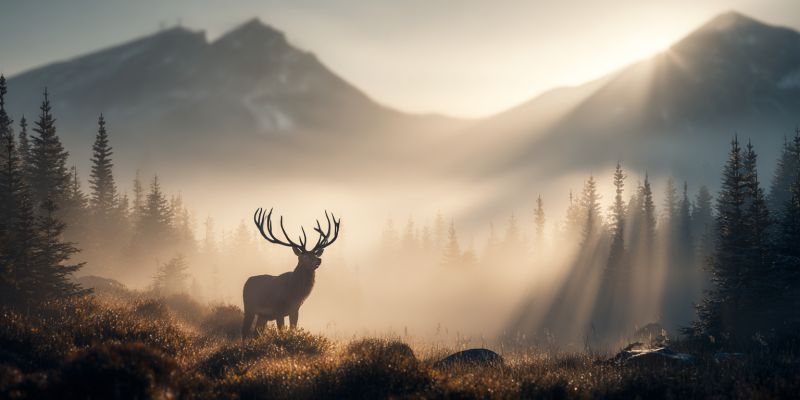 Cerf montagne foret faune nature soleil brume herbe arbres animal air coucher ciel rocher colline prairie brouillard habitat Dans une forêt sereine et brumeuse, un cerf majestueux aux grandes bois ramifiés se tient alerte, tourné vers la gauche. L'arrière-plan présente une chaîne de montagnes majestueuse avec une douce lumière dorée filtrant à travers les arbres, créant une atmosphère mystique. Les arbres sont grands et élancés, leurs cimes perdues dans la brume. Le sol est recouvert d'un mélange d'herbe et de petits arbustes, et la scène est baignée d'une lueur chaude et éthérée.
