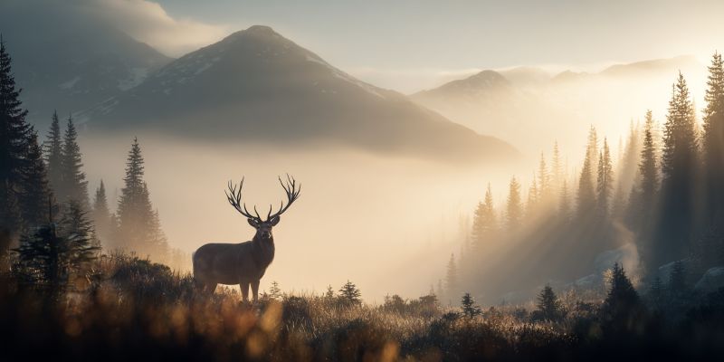 Deer mountain forest wildlife nature sunset mist trees grass animal outdoors wild scenery hill sky shadow horns In a serene, foggy landscape, a majestic stag with large, branching antlers stands alert in a grassy clearing. The stag is surrounded by tall, slender evergreen trees. In the background, a misty mountain range stretches across the horizon, with the sun's rays piercing through the fog, casting a warm, golden light on the scene. The air is thick with mist, creating a mystical and tranquil atmosphere.