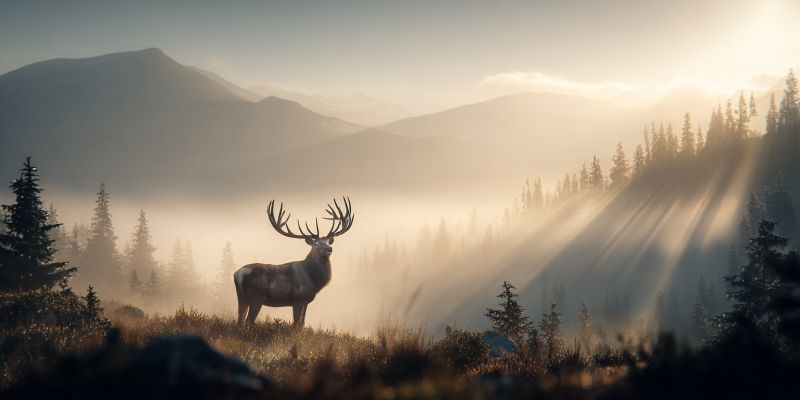 Deer mountain forest wildlife nature sunlight mist trees grass animal outdoors wild scenery dawn morning fog hill sky horizon In a serene, misty forest, a majestic stag with large, branching antlers stands tall. The stag is positioned in the foreground, with a back of dense, evergreen trees and a misty, mountainous landscape. The sun's rays filter through the trees, casting a warm, golden light that highlights the stag and the surrounding greenery. The atmosphere is tranquil, with a soft, diffused light that adds to the peaceful ambiance of the scene.