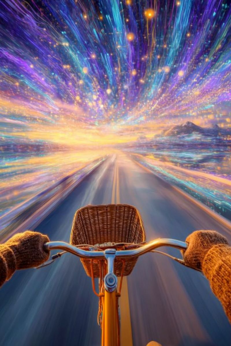 Bicycle basket road sky night stars mountain sunset glow motion speed perspective handlebar glove helmet adventure journey freedom exploration surreal scene of a bicycle traveling down a road at high speed. The road stretches out in front of the cyclist, with a yellow line marking the center. The sky above is a vibrant mix of purples, blues, and yellows, with streaks of light that suggest motion or a time-lapse effect. The cyclist's hands grip the handlebars, and their shadow is cast onto the road. A wicker basket is attached to the front of the bicycle. The background shows a mountain range with a sunset or sunrise casting warm colors across the sky. The overall effect is dreamlike and otherworldly, with a sense of speed and movement.