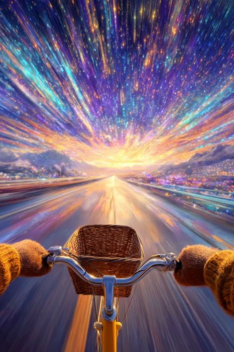 Bicycle basket road sky night stars mountains city sunset glow glowing traffic vibrant, surreal scene of a bicycle traveling down a road at high speed. The road stretches ahead, with blurred lines indicating motion. The sky above is a mesmerizing blend of purples, blues, and yellows, filled with streaks of light that resemble stars or shooting stars, creating a dynamic and otherworldly effect. The bicycle has a wicker basket attached to the front, and the handlebars are gripped by hands wearing knitted gloves. The background shows a cityscape with lights and mountains, all bathed in a warm, golden light, possibly from a sunset or sunrise. The overall atmosphere is one of speed, adventure, and a touch of fantasy.