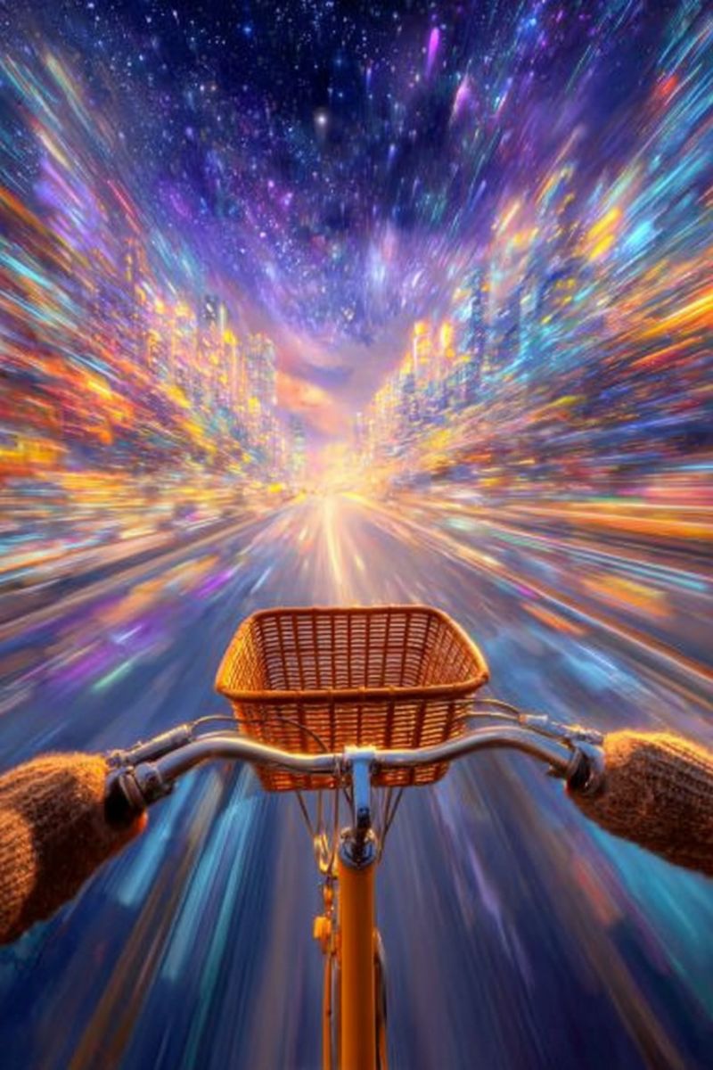 Bicycle basket handlebars road night city stars sky motion speed futuristic imagination dream fantasy colorful vibrant, surreal scene of a bicycle traveling down a road at high speed. The bicycle has a wicker basket attached to the front, and the handlebars are visible, with brown grips. The road stretches into the distance, with blurred lights and colors suggesting motion. The background is a blend of purples, blues, and yellows, creating a dreamlike atmosphere. The sky above is filled with stars and streaks of light, adding to the fantastical feel. The overall impression is one of speed, movement, and a touch of magic.