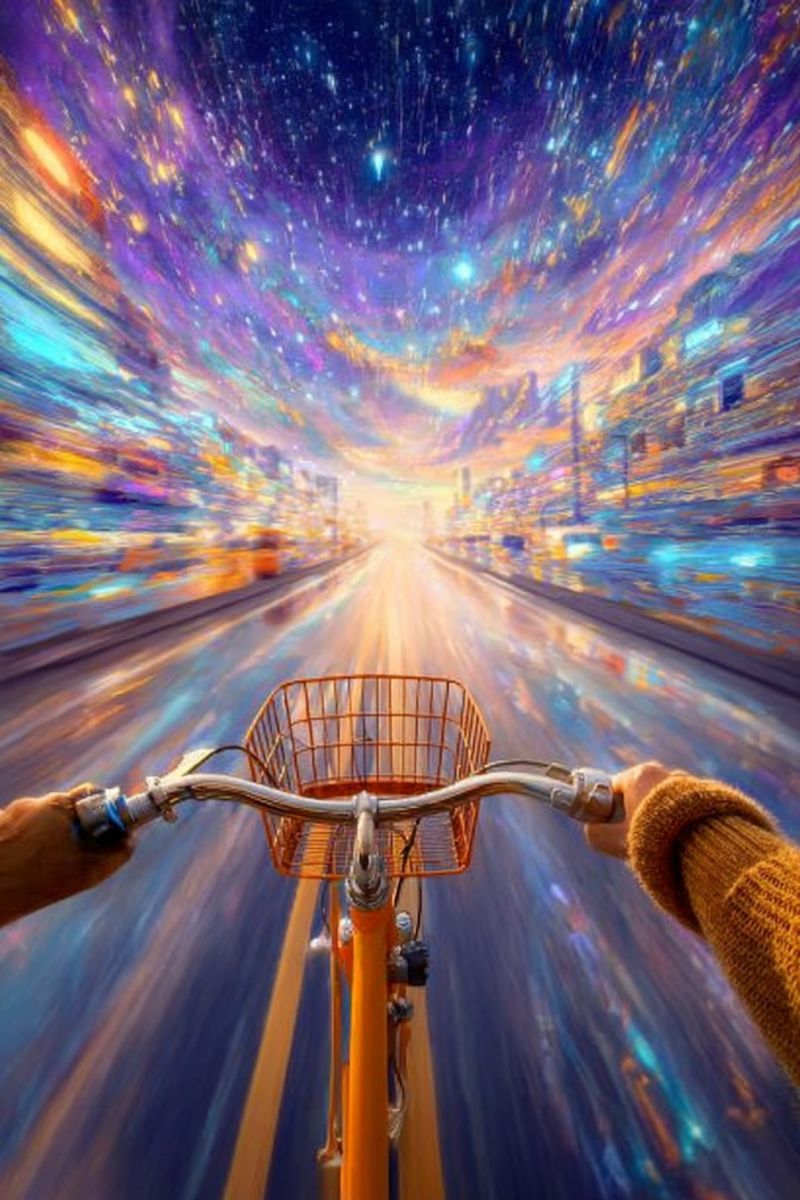 Bicycle road sky night city stars space galaxy universe travel adventure journey exploration fantasy imagination painting A person rides a bicycle on a road with a basket in front. The road is surrounded by blurry buildings and lights, creating a sense of motion. The sky above is a vibrant mix of purple, blue, and yellow hues, resembling a starry night. The background features a surreal, abstract design with streaks of light and color, adding to the dreamlike atmosphere.