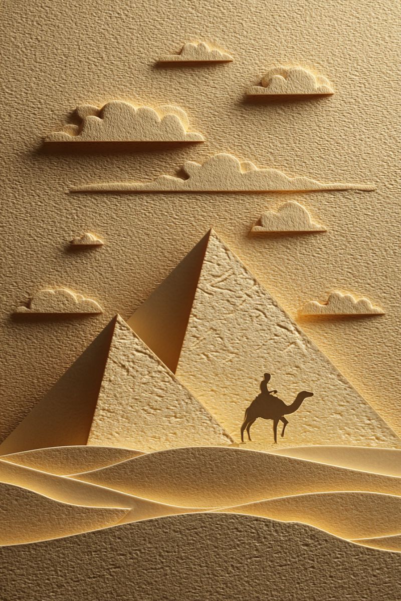 Pyramid desert camel sand sky clouds ancient egypt architecture history travel adventure exploration culture paper craft design desert landscape with two pyramids in the foreground. The pyramids are made of beige paper and have a textured, layered appearance. In the middle ground, there is a silhouette of a person riding a camel. The camel is walking on the sand, and the person is sitting on its back. The sky is filled with clouds, also made of beige paper, arranged in a row across the top of the image. The entire scene has a warm, golden hue, giving it a serene and timeless quality.