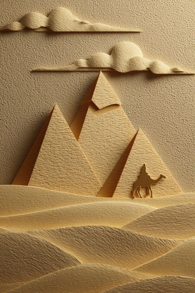 Pyramide desert sable chameau ancien egypte architecture histoire voyage culture papier artisanat savoir faire design geometrique ombre texture Paysage désertique avec trois pyramides faites de papier beige. Les pyramides sont conçues de manière complexe avec une surface texturée, leur donnant un aspect tridimensionnel. La plus grande pyramide est au centre, flanquée de deux plus petites de chaque côté. Devant les pyramides, il y a la silhouette d'un chameau marchant vers la droite. L'arrière-plan comprend un mur beige avec deux couches de nuages, également faites de papier beige, ajoutant de la profondeur à la scène. Le schéma de couleurs global est chaleureux et terreux, créant une atmosphère sereine et intemporelle.