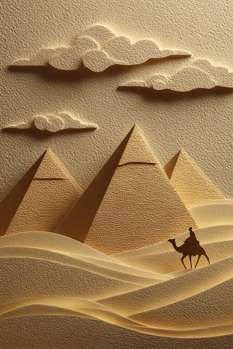 Pyramid desert sand camel man ancient egypt architecture history travel culture paper craft sculpture shadow texture desert landscape with three pyramids in the background, crafted from beige paper with intricate detailing. The pyramids are triangular and have a textured surface, possibly representing ancient Egyptian architecture. In the foreground, there is a silhouette of a person riding a camel, moving from left to right. The desert is filled with undulating sand dunes, also made from beige paper, giving the scene a three-dimensional effect. The sky above is filled with clouds, also cut out from beige paper, creating a sense of depth and atmosphere. The overall scene is bathed in a warm, golden light, enhancing the desert ambiance.