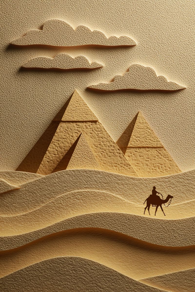 Desert pyramide sable ancien architecture caravane nuage culture egypte egyptien histoire monument papier pyramides dunes Paysage désertique avec trois pyramides en arrière-plan, fabriquées à partir d'un matériau beige qui donne un aspect texturé et superposé. Les pyramides sont triangulaires et ont une ombre projetée sur le sol, suggérant une source de lumière venant d'en haut. Au premier plan, il y a une silhouette d'une personne chevauchant un chameau, se déplaçant de gauche à droite. Le désert est représenté par des lignes ondulées et ondulantes qui imitent la texture des dunes de sable. Le ciel au-dessus est rempli de trois grands nuages moelleux, également faits du même matériau beige, ajoutant de la profondeur et un sentiment d'immensité à la scène.