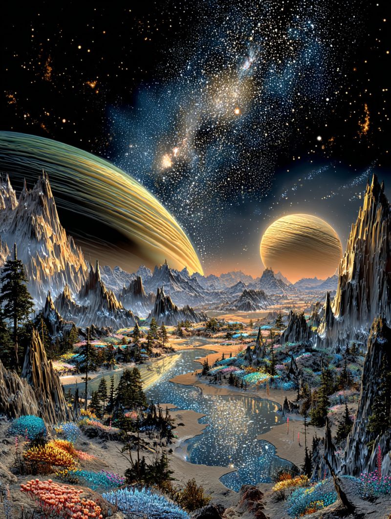 Planete galaxie montagne riviere ciel etoile eau roche nature foret arbre colline vallee nuage ombre reflet Paysage vaste et irréel sous un ciel sombre, rempli d'étoiles. Au premier plan, il y a une rivière sereine avec de l'eau étincelante, entourée par une variété de plantes et de fleurs colorées et vibrantes. Le terrain est rocheux et montagneux, avec des pics et des crêtes aigus. À gauche, il y a une grande planète de teinte jaune avec des anneaux, possiblement une géante gazeuse, et à droite, une autre planète avec une teinte jaunâtre et quelques cratères visibles. Le ciel est rempli d'innombrables étoiles, nébuleuses et galaxies lointaines, créant un sentiment d'espace infini.