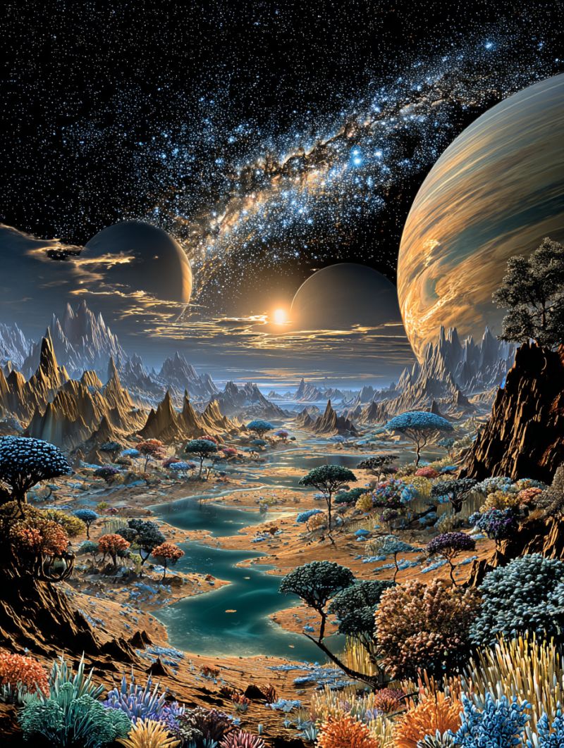 Planete espace alien extraterrestre imaginaire astronomie cosmos univers galaxie etoile montagne vallee eau arbres flore faune science fiction Vaste paysage irréel avec un ciel sombre et étoilé rempli de nombreuses étoiles et une galaxie proéminente. Trois grandes planètes sont visibles dans le ciel, dont l'une brille intensément, probablement un soleil. L'avant-plan présente une diversité de flore, y compris des arbres aux feuilles bleues et orange, et une variété de plantes et de coraux colorés. Le terrain comprend des montagnes, des collines et une rivière sinueuse qui traverse le paysage. La scène globale est vibrante et colorée, avec un mélange d'éléments naturels et fantastiques.