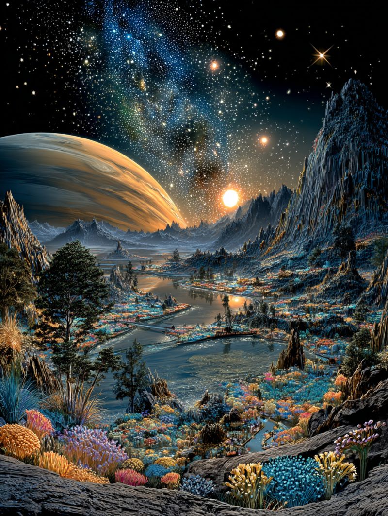 Space planet mountains lake trees flowers stars sky night reflection water rocks alien fantasy imagination vibrant, otherworldly landscape. In the foreground, there is a diverse array of colorful plants and flowers, with some resembling coral and others having a more terrestrial appearance. The plants are scattered across a rocky terrain, with some growing on the edges of a serene, reflective body of water. The water is calm and mirrors the lush greenery and the sky above. In the middle ground, there is a winding river that adds to the serene atmosphere. The background features a majestic mountain range with jagged peaks, and the sky is a deep, dark blue, dotted with numerous stars and a bright, glowing sun. The sun is setting, casting a warm, golden light over the landscape. In the distance, there is a large, glowing planet, adding to the sense of wonder and exploration.