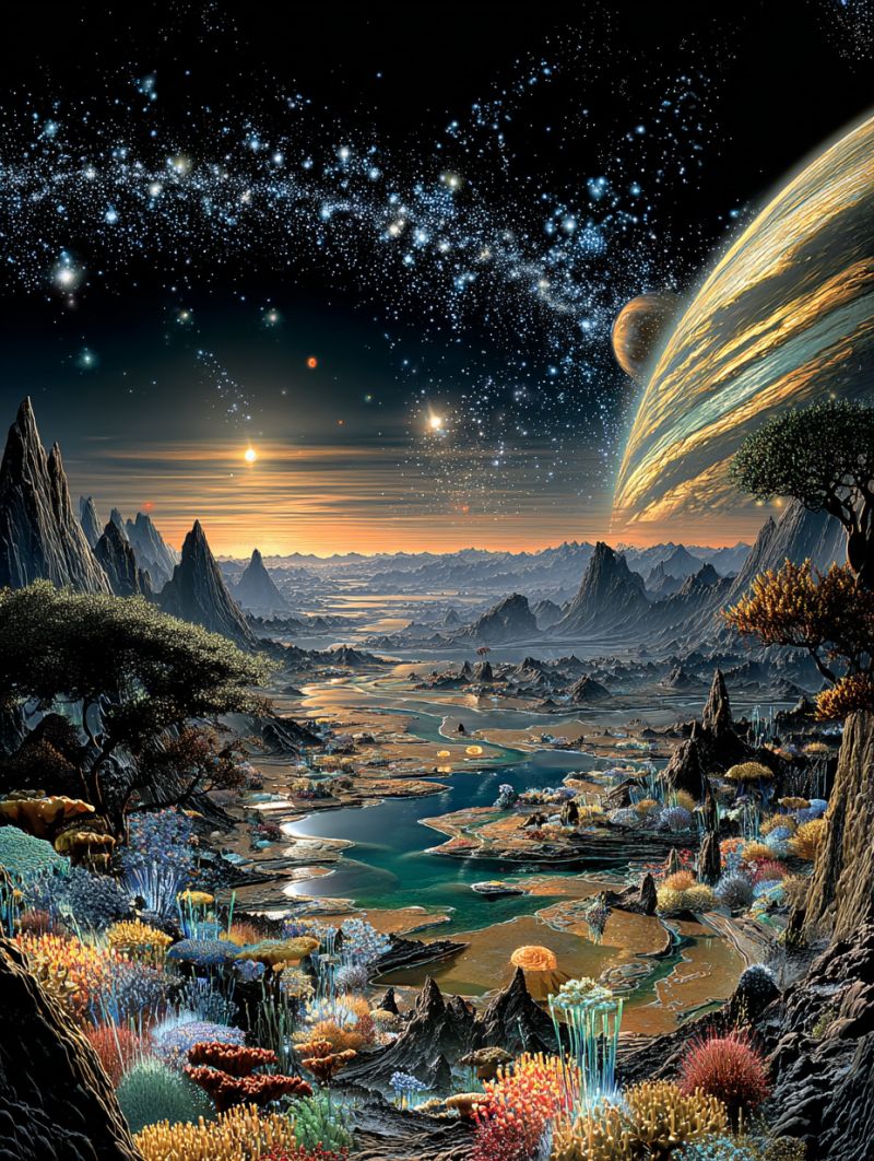 Planete espace montagnes eau arbres corail recif rochers ciel etoiles soleil coucher horizon vallee riviere foret flore faune extraterrestre Vaste paysage irréel avec un ciel sombre et étoilé rempli de nombreuses étoiles et quelques planètes. Au premier plan, il y a un grand plan d'eau, peut-être un lac ou une mer, avec des récifs coralliens vibrants et colorés et des plantes aquatiques. Le rivage est bordé d'une flore diverse et colorée, y compris des champignons et d'autres plantes étranges. Le paysage est parsemé de collines rocheuses et de montagnes, dont certaines ont des arbres à feuillage inhabituel. Au loin, une grande planète à teinte jaune domine le ciel, accompagnée d'une planète plus petite et rougeâtre. La scène globale est surréaliste et fantastique, avec un mélange d'éléments terrestres et extraterrestres.