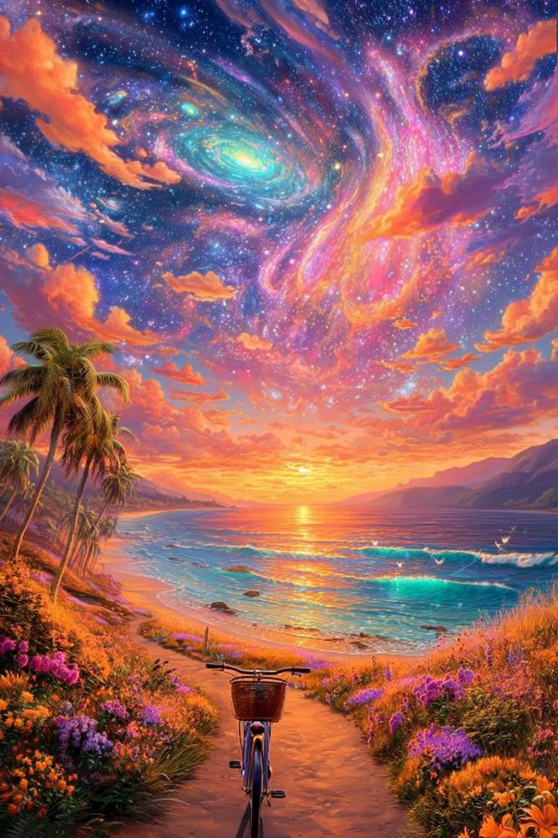 Beach bicycle flowers mountains ocean sunset tropical clouds cosmos dreamlike fantasy galaxy imagination painting stars waves palm trees night sky A bicycle with a basket is parked on a sandy path surrounded by vibrant flowers. The path leads to a serene beach with gentle waves lapping the shore. Palm trees line the beach, and in the distance, a mountain range is silhouetted against the setting sun. The sky is a stunning blend of orange, pink, and purple hues, with a galaxy swirling above, adding a magical touch to the scene.
