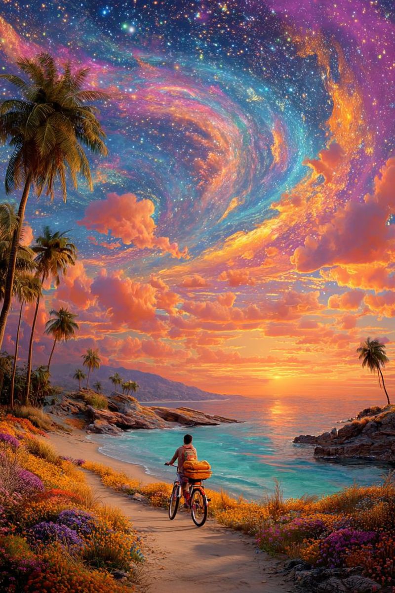 Beach bicycle cyclist flowers mountains ocean sunset tropical travel vacation water waves beachfront evening horizon sky palm trees rider backpack A person rides a bicycle on a sandy path near a beach, with a backpack and a basket on the front. The beach is surrounded by palm trees and colorful flowers. The sky is a mix of orange and purple hues, with a spiral galaxy effect and stars. The ocean is calm, with a setting sun on the horizon. The scene is set on a tropical island with a mountainous backdrop.