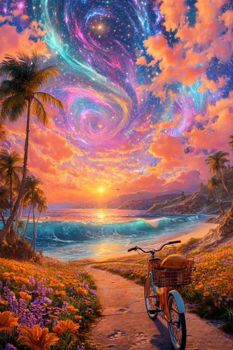 Bicycle beach flowers ocean sky sunset stars clouds mountains waves horizon path basket fruit painting nature palm trees A vibrant painting depicts a beach scene with a bicycle parked on a sandy path. The bicycle has a basket in front with a pumpkin inside. The path is lined with tall flowers in various colors, including orange, purple, and yellow. Palm trees stand on either side of the path, and the ocean waves gently lap at the shore. The sky is a stunning blend of orange, pink, and blue hues, with a large, colorful spiral galaxy in the center. The sun is setting on the horizon, casting a warm glow over the entire scene.
