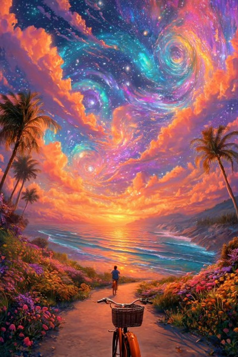 Beach bicycle cyclist flowers path sea sky sunset tropical palm trees A person rides a bicycle on a sandy path surrounded by vibrant flowers, palm trees, and a serene beach. The sky is a stunning blend of orange, pink, and purple hues, transitioning into a deep blue with a mesmerizing spiral galaxy. The ocean reflects the sunset's colors, creating a tranquil and magical atmosphere.