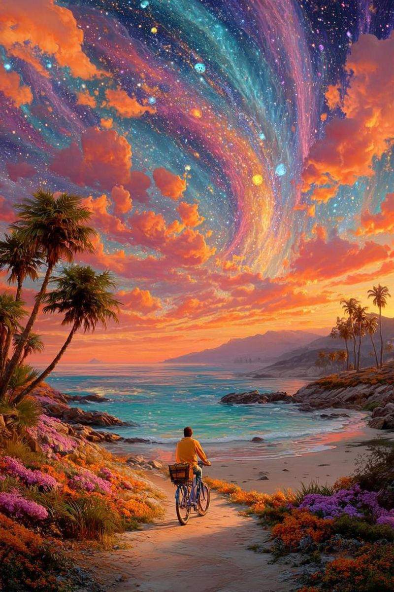 Beach bicycle cyclist flowers mountains ocean sunset trees water waves clouds sky stars galaxies universe painting palm A man rides a bicycle along a sandy path on a beach, with palm trees and colorful flowers on either side. The beach is wide and leads to a calm sea under a vibrant sunset sky. The sky is a mix of orange, pink, and blue hues, with a swirling galaxy effect. Stars and planets are scattered throughout the sky, adding to the surreal atmosphere. In the distance, there are mountains and a small island.