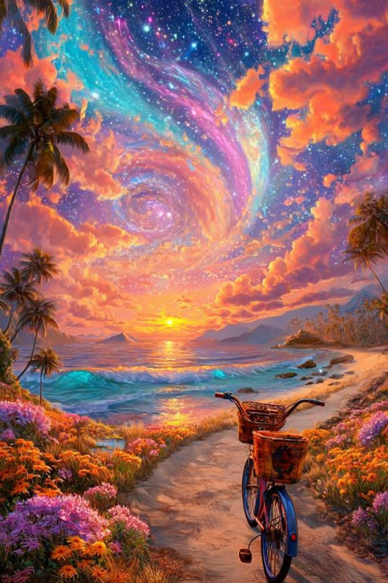 Bicycle beach flowers ocean sky sunset clouds mountains rocks waves path basket pedals handlebars pedal pedaling palm trees A vibrant painting depicts a serene beach scene at sunset. A bicycle with two baskets is parked on a sandy path lined with colorful flowers. The sky is a stunning blend of orange, pink, and purple hues, with a galaxy swirling in the background. Palm trees and other tropical plants are scattered along the beach, and the ocean waves gently lap at the shore. In the distance, mountains are silhouetted against the setting sun.
