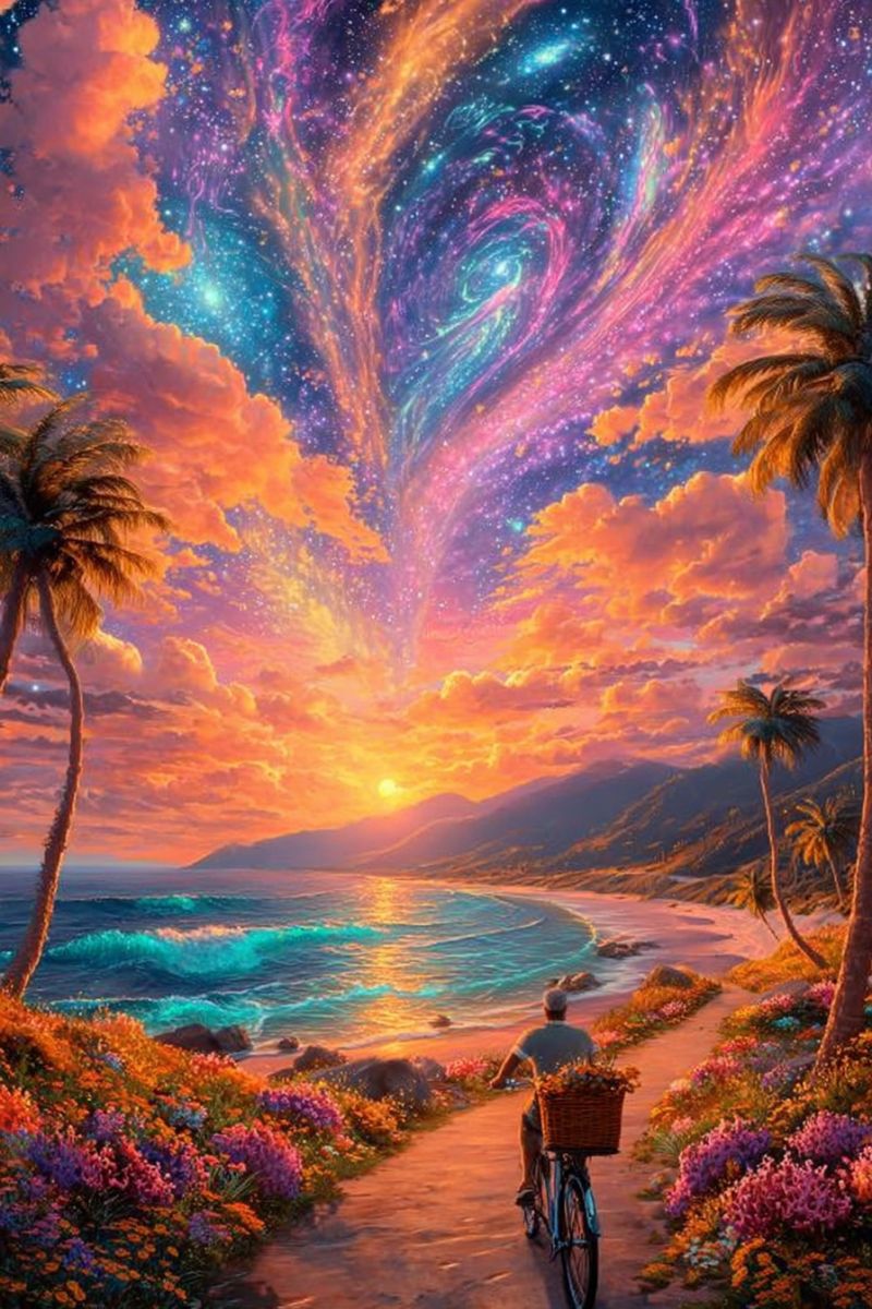 Plage fleurs homme bicyclette panier mer montagnes ciel nuages coucher soleil etoiles galaxie univers fantaisie imagination reve palmier arbres Un homme fait du vélo sur un chemin bordé de fleurs vibrantes et de palmiers. Le chemin mène à une plage sereine où de douces vagues viennent lécher le rivage. Le ciel est un mélange époustouflant de teintes orange et rose, passant à un bleu profond avec des étoiles scintillantes. Au-dessus de l'horizon, une galaxie tourbillonne de couleurs violettes, bleues et orange, créant une atmosphère surréaliste et magique. La scène se déroule sur fond de montagnes et de soleil couchant.