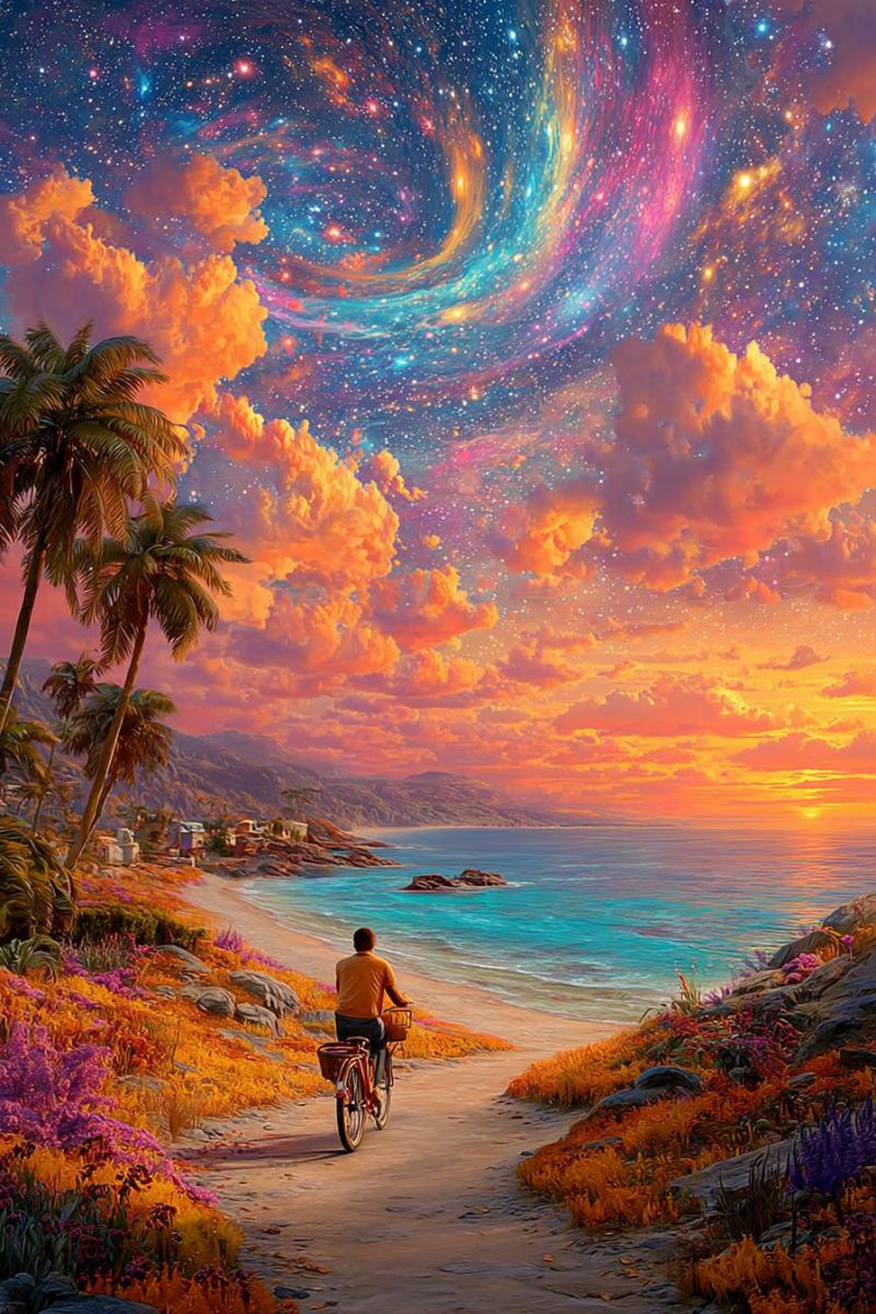 Plage mer ciel nuages etoiles galaxie fleurs rochers montagnes coucher soleil horizon eau vagues arbres collines ile bateau palmier Un homme fait du vélo sur un chemin sablonneux près de la plage, avec des palmiers et des fleurs colorées de chaque côté. Le ciel est un mélange vibrant de teintes orange, rose et bleu, se transformant en une nuit étoilée avec un effet de galaxie en spirale. L'océan est calme, reflétant le coucher de soleil, et il y a de petites falaises rocheuses et une côte lointaine.