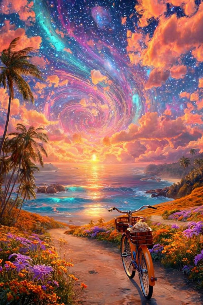 Bicycle beach flowers sunset sky clouds ocean rocks waves mountains stars galaxy night painting fantasy palm trees A vibrant painting depicts a serene beach scene at sunset. The sky is a blend of warm oranges, pinks, and purples, with a swirling galaxy effect adding a magical touch. A bicycle with a basket is parked on a sandy path lined with colorful flowers. Palm trees stand tall on the left, and the ocean stretches out to the horizon, reflecting the sunset's colors. The scene is bathed in a dreamy, almost surreal light.