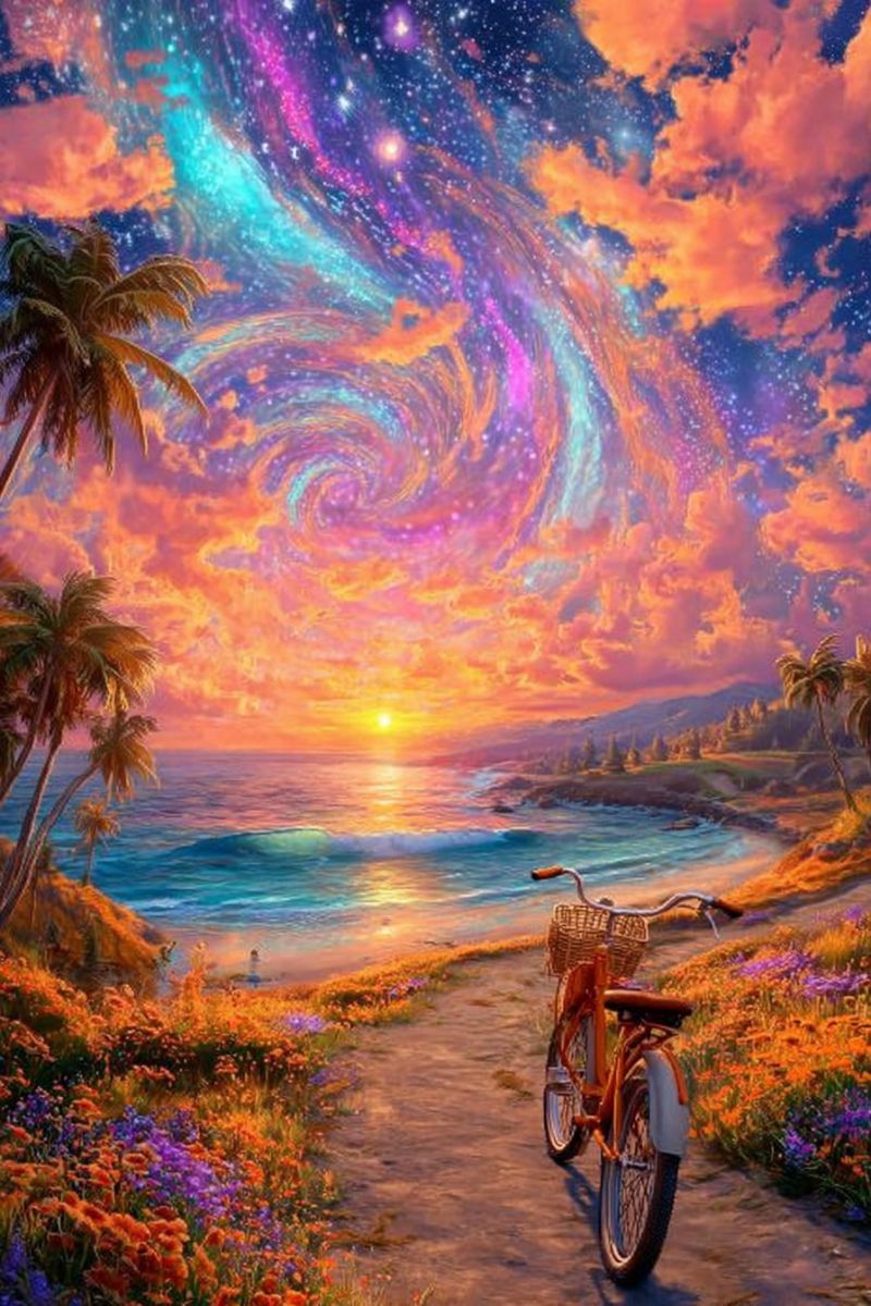 Bicycle beach flowers sunset sky clouds mountains ocean waves path basket painting nature scenery colorful tropical dreamlike palm trees A vibrant painting depicts a beach scene with a bicycle parked on a dirt path. The bicycle has a basket in front and is leaning against a tree. The beach is adorned with colorful flowers, and palm trees line the shore. The ocean is calm, with gentle waves lapping at the shore. The sky is a stunning blend of orange, pink, and purple hues, with a spiral galaxy effect adding a magical touch. The sun is setting in the distance, casting a warm glow over the entire scene.