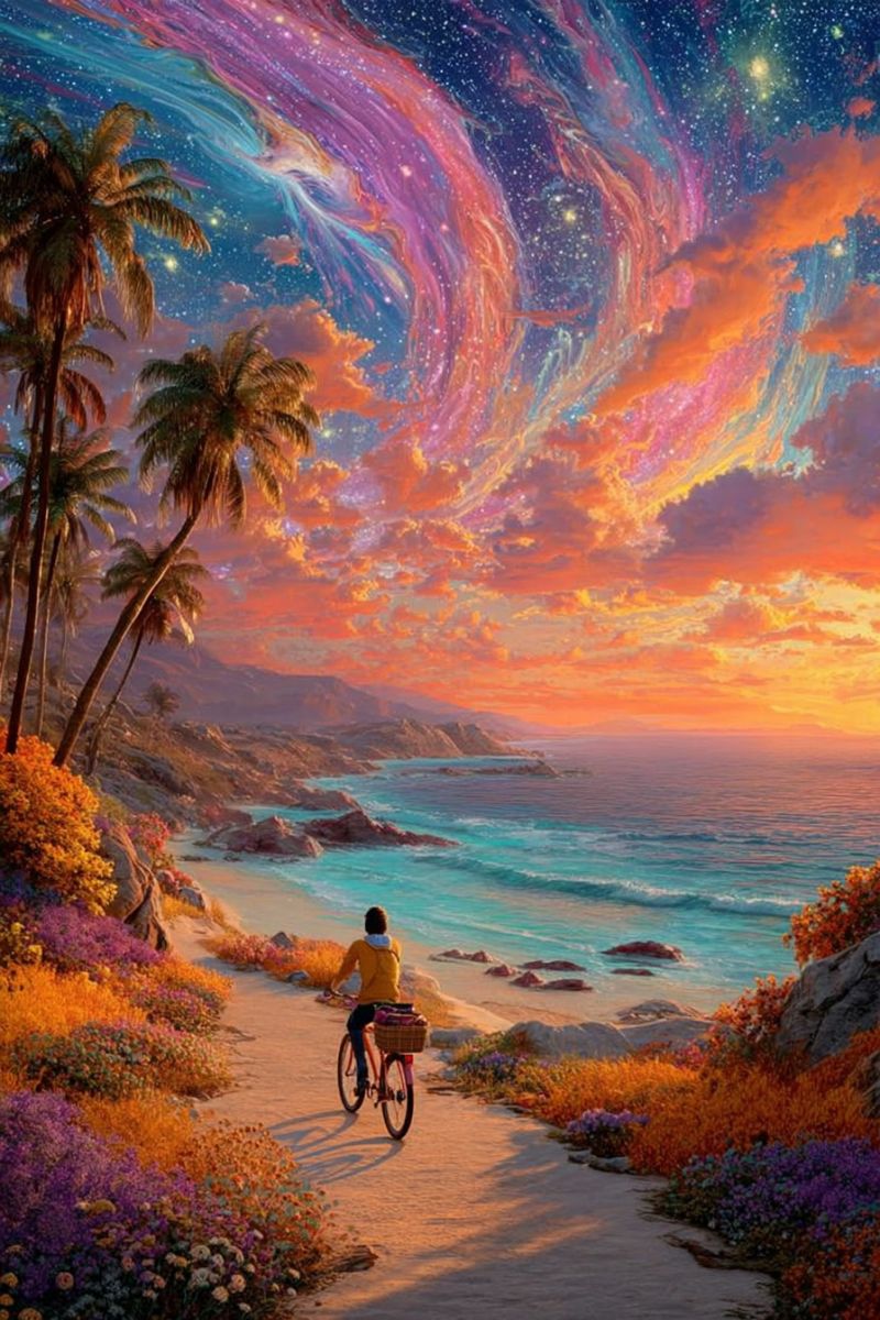Beach bicycle cyclist flowers mountains ocean path rocks sea sunset trees tropical water waves palm A person rides a bicycle on a sandy path near the beach, surrounded by vibrant flowers and palm trees. The sky is a stunning blend of orange, pink, and blue hues, with a surreal galaxy-like pattern. The ocean is calm, reflecting the colors of the sky, and there are rocks and a small cliff in the distance. The scene is set at sunset, creating a peaceful and picturesque atmosphere.