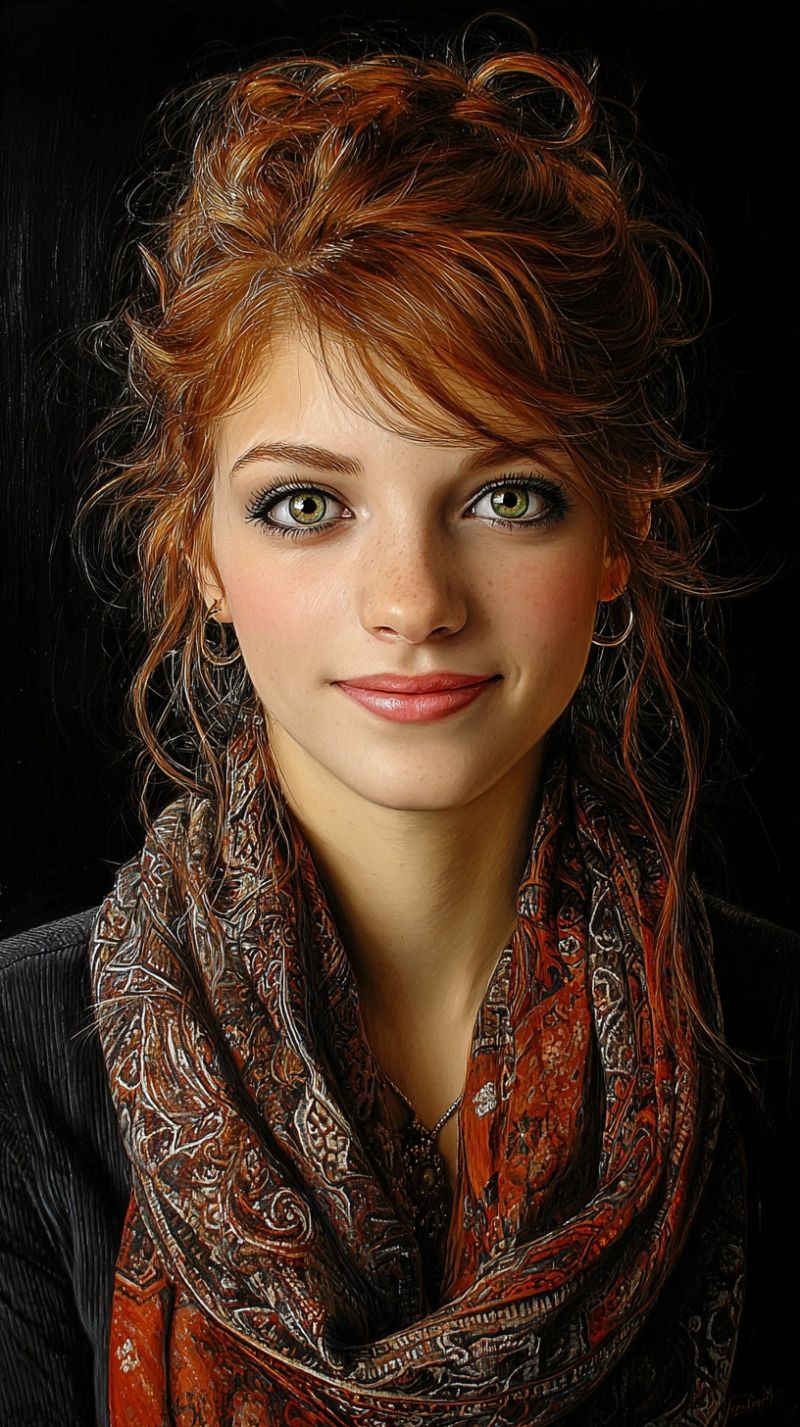 Woman scarf smiling earrings freckles fashion painting beauty accessories jewelry hairstyle makeup red green eyes A portrait of a woman with curly red hair, wearing a patterned scarf around her neck. She has green eyes, a slight smile, and a mole on her right cheek. She is wearing a black top and has a necklace with a pendant. The background is dark, and the focus is on her face and upper body.