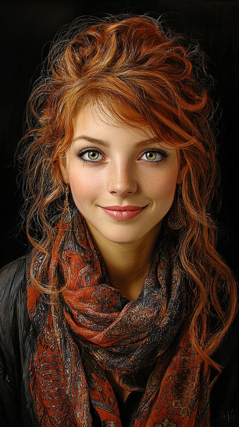 Femme echarpe boucles oreilles sourire maquillage beaute coiffure accessoires realisme artiste rouges yeux verts Femme echarpe boucles oreilles sourire maquillage beaute coiffure accessoires realisme artiste rouges yeux verts